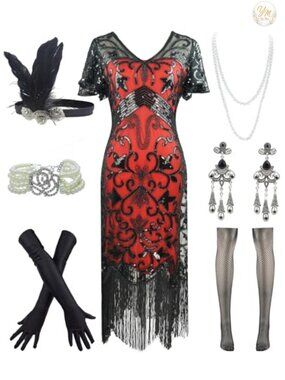 1920s Flapper Gatsby Sequin Dress Costume Set with Headband Gloves